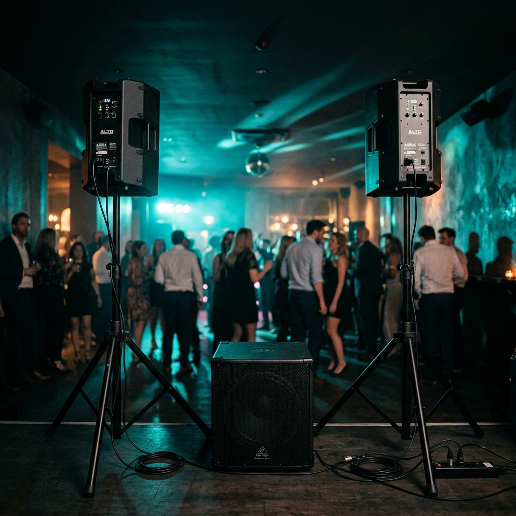 PA-Setup: 2x Alto TS410 Tops auf Stativen mit Behringer Subwoofer
